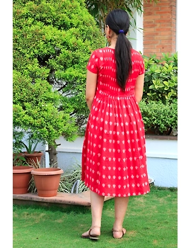 Red ikat calf length dress with pintuck yoke: LD520A-S-2-sm