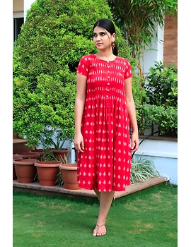 Red ikat calf length dress with pintuck yoke: LD520A-LD520A-sm