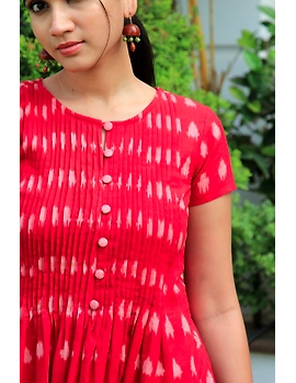 Red ikat calf length dress with pintuck yoke: LD520A-S-3-sm