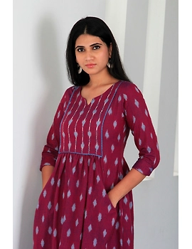 Dark purple ikat dress with embroidered yoke and front pockets: LD530A-S-1-sm