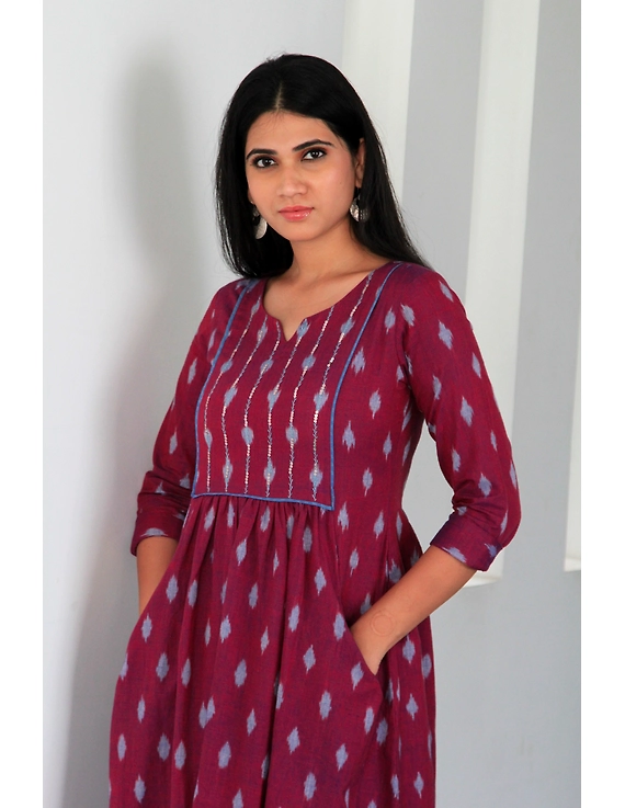 Dark purple ikat dress with embroidered yoke and front pockets: LD530A-S-1