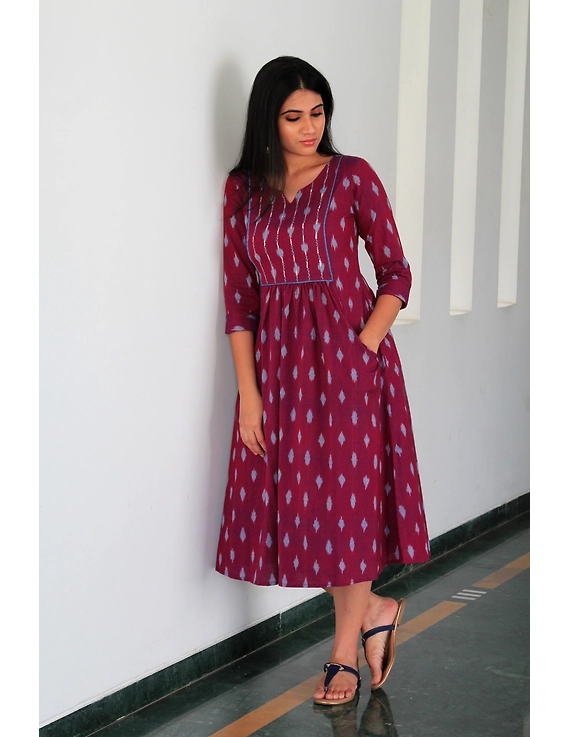 Dark purple ikat dress with embroidered yoke and front pockets: LD530A-LD530A