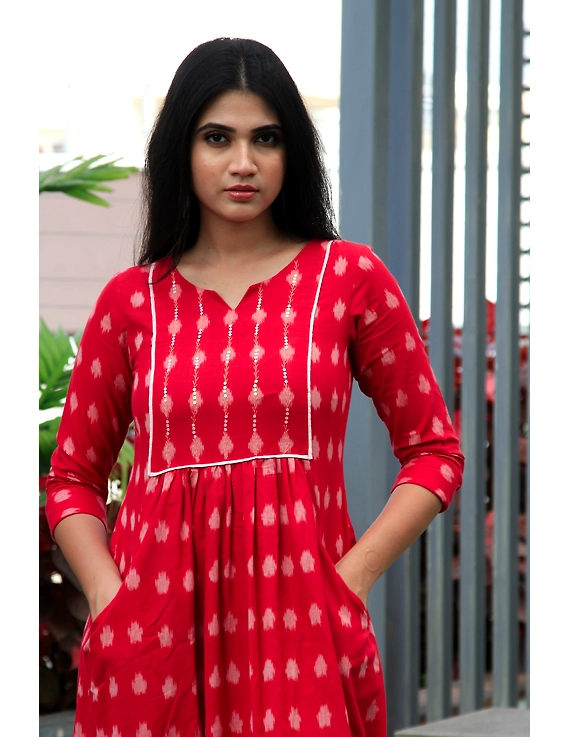 Red ikat dress with embroidered yoke and front pockets: LD530B-M-1