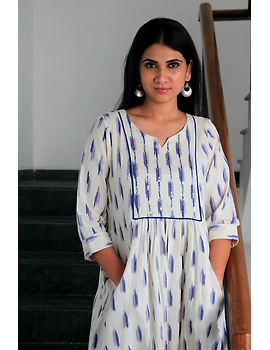 White ikat dress with embroidered yoke and fron pockets: LD530D-s-1-sm