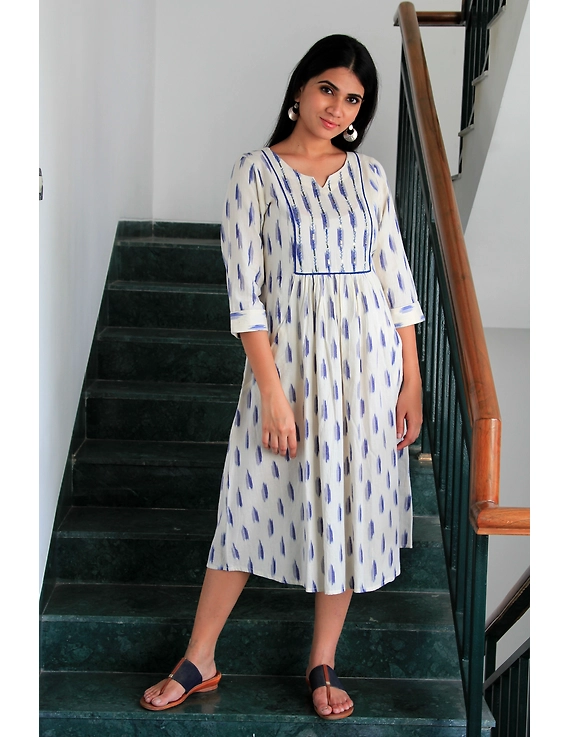 White ikat dress with embroidered yoke and fron pockets: LD530D-LD530D