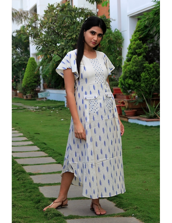WHITE IKAT PLEATED DRESS WITH EMBROIDERED POCKETS AND YOKE: LD550C-LD550C-S