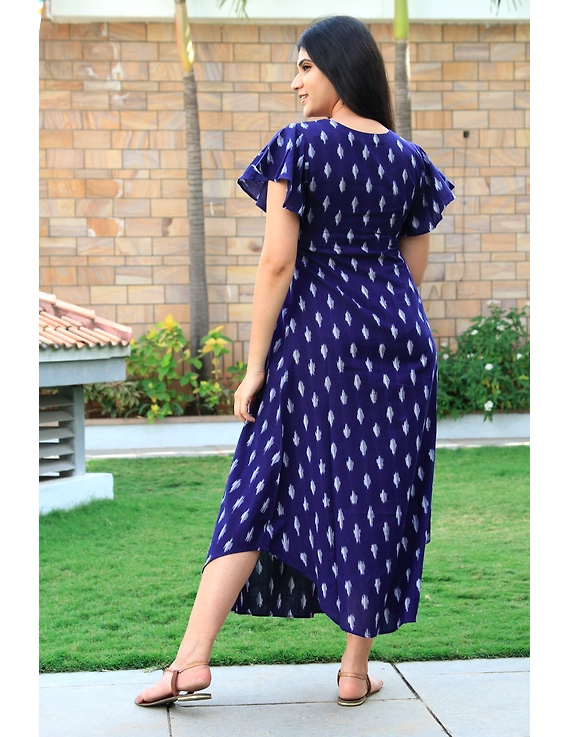 BLUE IKAT PLEATED DRESS WITH EMBROIDERED POCKETS AND YOKE: LD550B-S-3