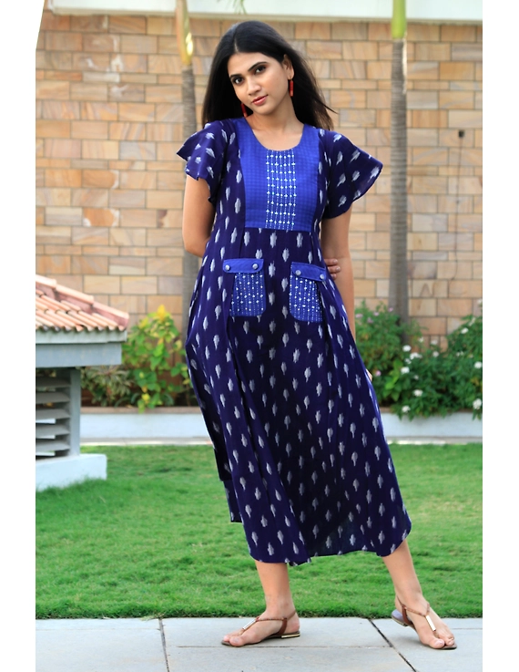 BLUE IKAT PLEATED DRESS WITH EMBROIDERED POCKETS AND YOKE: LD550B-LD550B-S