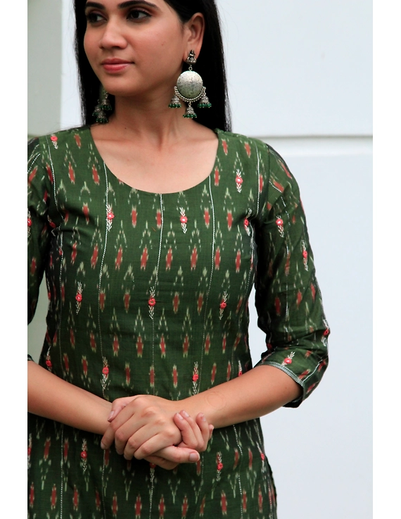 Mehendi green ikat silk kurta with hand embroidery: LK450A-S-3