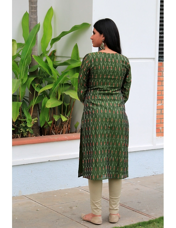 Mehendi green ikat silk kurta with hand embroidery: LK450A-S-2