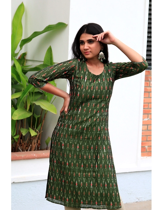 Mehendi green ikat silk kurta with hand embroidery: LK450A-S-1
