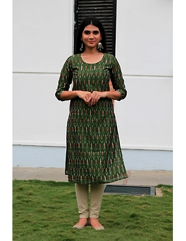 Mehendi green ikat silk kurta with hand embroidery: LK450A-LK450A-S-sm