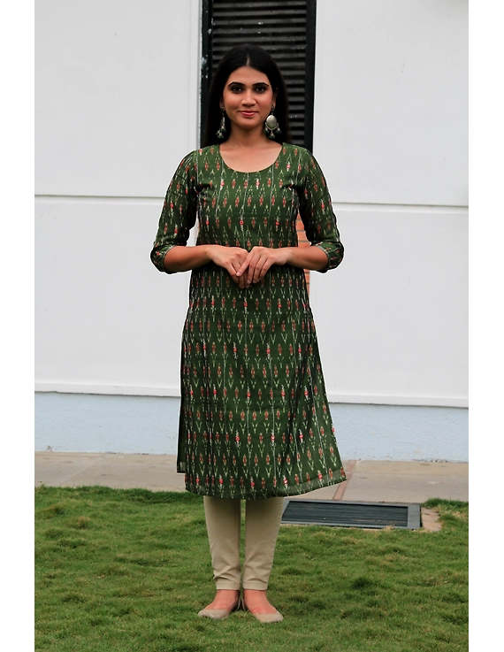 Mehendi green ikat silk kurta with hand embroidery: LK450A-LK450A-S