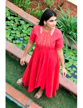 Pink handloom cotton high low long dress with halter neck and hand embroidery: LD590A-S-1-sm