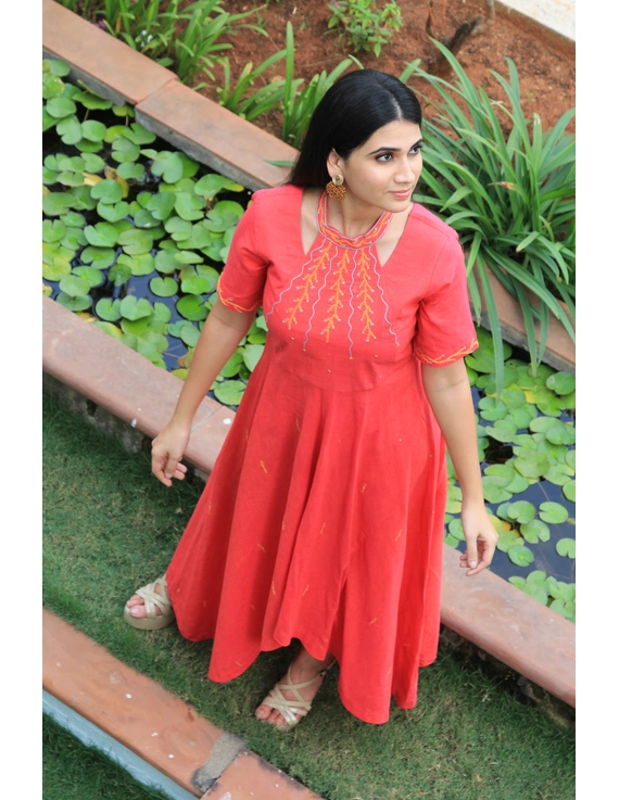 Pink handloom cotton high low long dress with halter neck and hand embroidery: LD590A-S-1