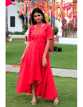 Pink handloom cotton high low long dress with halter neck and hand embroidery: LD590A-LD590A-S-sm