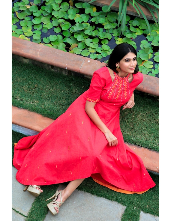 Pink handloom cotton high low long dress with halter neck and hand embroidery: LD590A-S-2