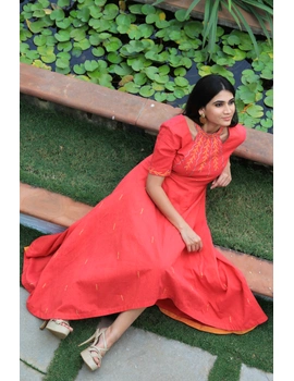 Pink handloom cotton high low long dress with halter neck and hand embroidery: LD590A-M-2-sm