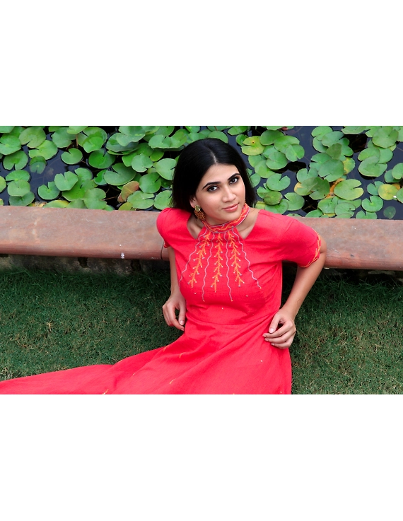 Pink handloom cotton high low long dress with halter neck and hand embroidery: LD590A-S-3