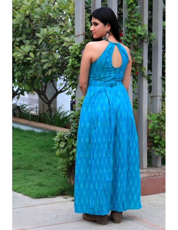 Turquoise semi silk ikat halter neck long dress with a front slit: LD610-S-2