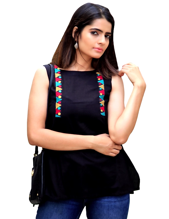 BLACK SEMI-LINEN TOP WITH MULTICOLOURED EMBROIDERY : LB130C-XXL-Black-1