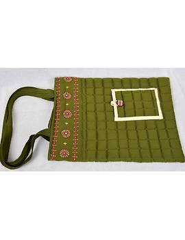 MUSTARD GREEN SILK QUILTED TOTE CUM LAPTOP BAG WITH HAND EMBROIDERY: TBA02-5-sm