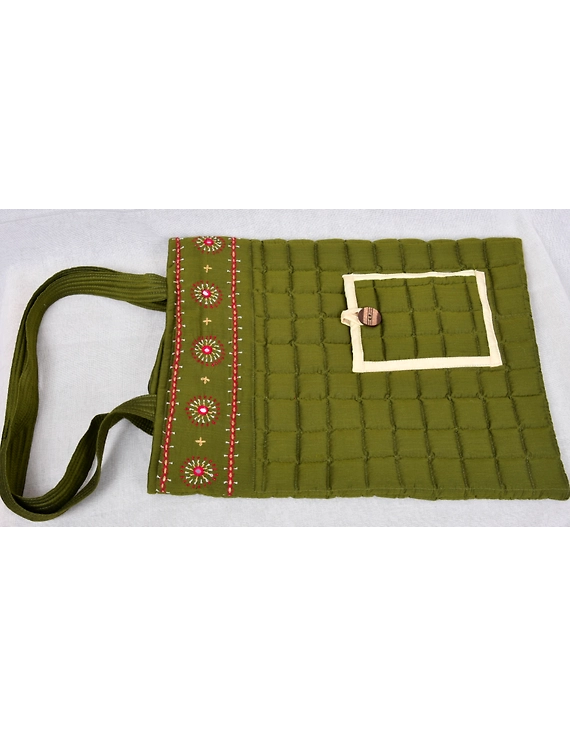 MUSTARD GREEN SILK QUILTED TOTE CUM LAPTOP BAG WITH HAND EMBROIDERY: TBA02-5