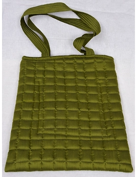 MUSTARD GREEN SILK QUILTED TOTE CUM LAPTOP BAG WITH HAND EMBROIDERY: TBA02-7-sm