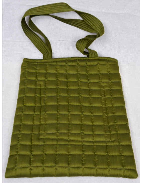 MUSTARD GREEN SILK QUILTED TOTE CUM LAPTOP BAG WITH HAND EMBROIDERY: TBA02-7
