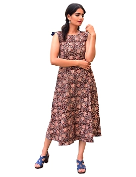 BROWN FLORAL KALAMKARI LONG DRESS WITH A BOAT NECK: LD480B-LD480B-S-sm