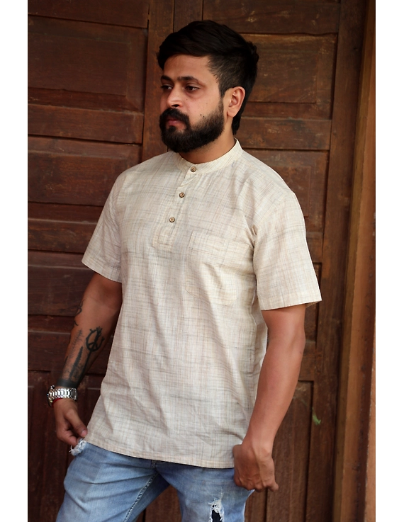 Beige Handloom Cotton Short Kurta With Half Sleeves : GT401HFB-S-Beige-1