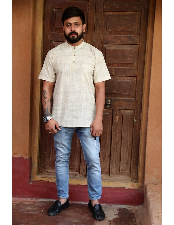 Beige Handloom Cotton Short Kurta With Half Sleeves : GT401HFB-GT401HFB-XL