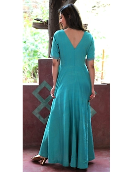 Sea green handloom cotton high low long dress with halter neck and hand embroidery: LD590B-M-3-sm
