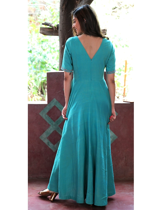 Sea green handloom cotton high low long dress with halter neck and hand embroidery: LD590B-M-3