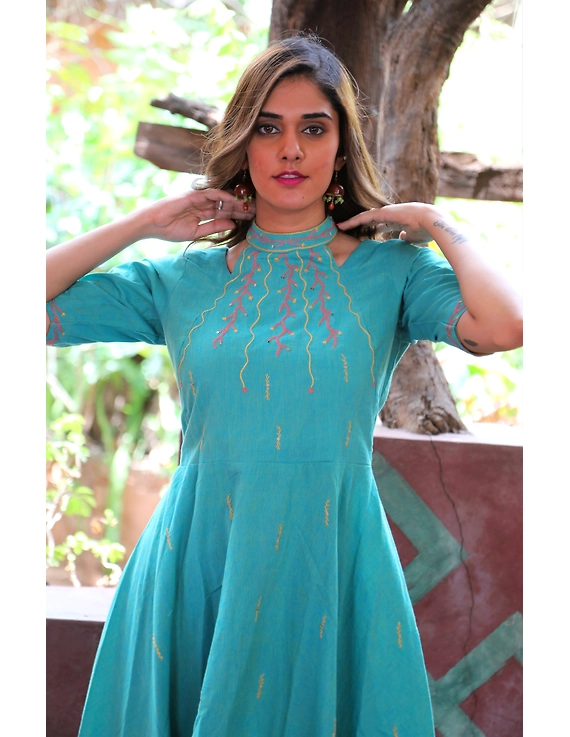 Sea green handloom cotton high low long dress with halter neck and hand embroidery: LD590B-M-2