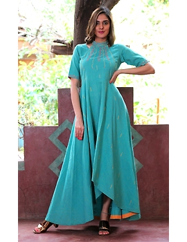 Sea green handloom cotton high low long dress with halter neck and hand embroidery: LD590B-M-1-sm