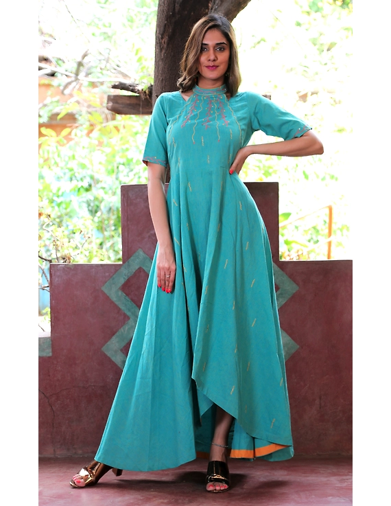 Sea green handloom cotton high low long dress with halter neck and hand embroidery: LD590B-M-1