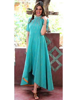 Sea green handloom cotton high low long dress with halter neck and hand embroidery: LD590B-LD590B-M-sm