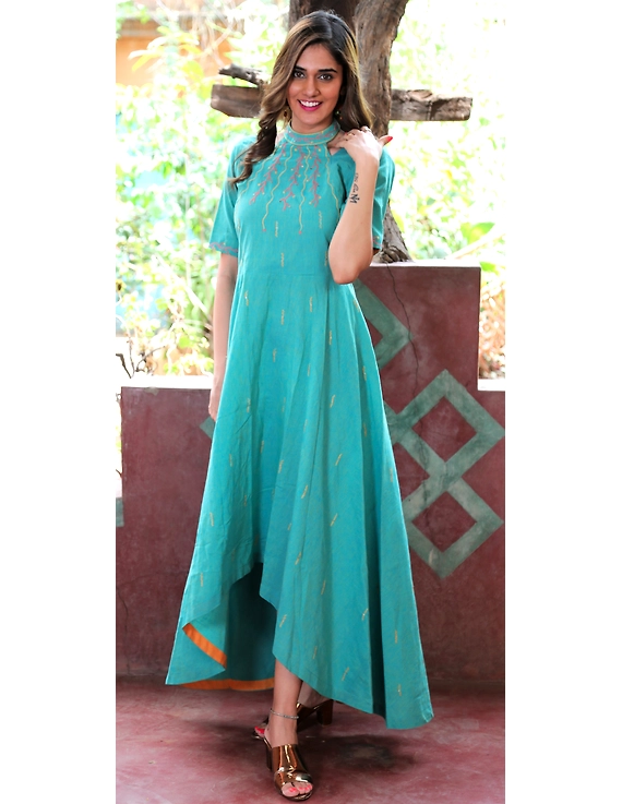 Sea green handloom cotton high low long dress with halter neck and hand embroidery: LD590B-LD590B-M