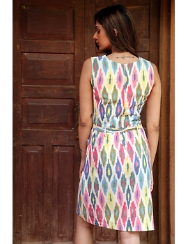 Knee length straight dress in multicolour ikat cotton: LD470C-S-3-sm