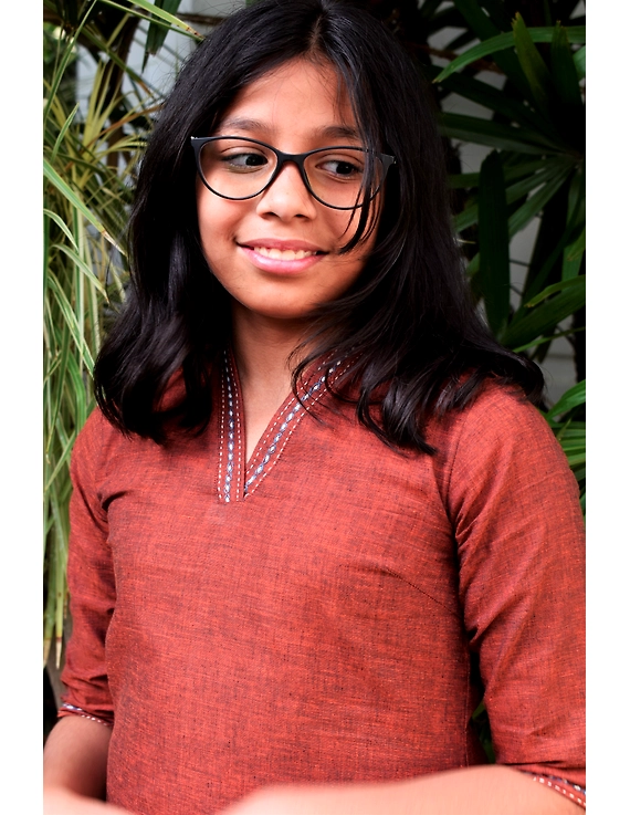 Brown overlapped V collar kurta for girls: LK365B-(4-5)-2