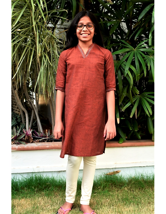 Brown overlapped V collar kurta for girls: LK365B-LK365B-6-7