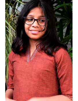 Brown overlapped V collar kurta for girls: LK365B-(6-7)-2-sm