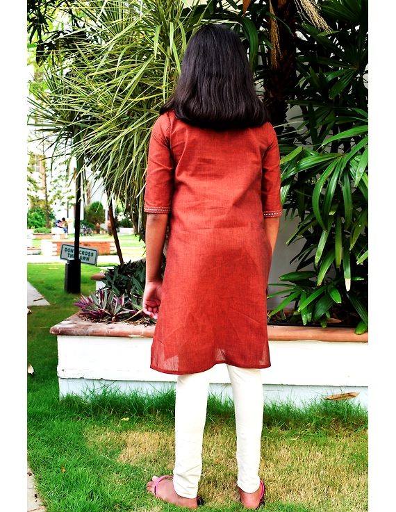 Brown overlapped V collar kurta for girls: LK365B-(8-9)-1