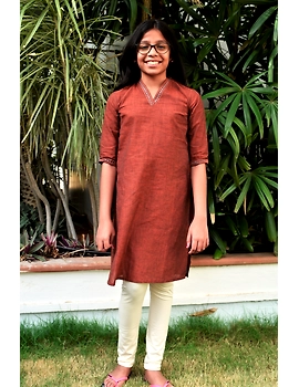Brown overlapped V collar kurta for girls: LK365B-LK365B-10-11-sm