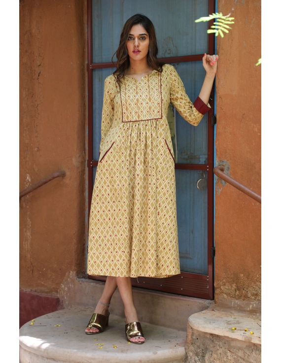 Mustard Yellow Kalamkari Dress With Sequins: Ld630B-LD630B-S