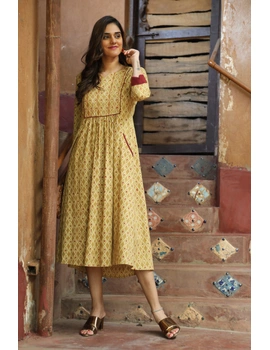 Mustard Yellow Kalamkari Dress With Sequins: Ld630B-M-1-sm