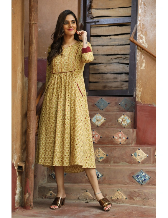 Mustard Yellow Kalamkari Dress With Sequins: Ld630B-M-1