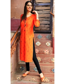Orange Ikat Cotton Kurta With Hand Embroidery : Lk340A-S-1-sm