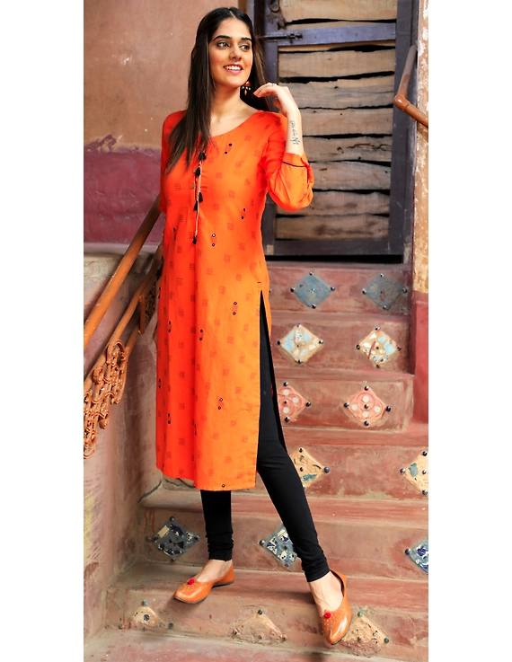 Orange Ikat Cotton Kurta With Hand Embroidery : Lk340A-M-1